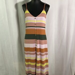 LOFT Multicolor Striped Ribbed Knit Button Front Spaghetti Strap Midi Dress